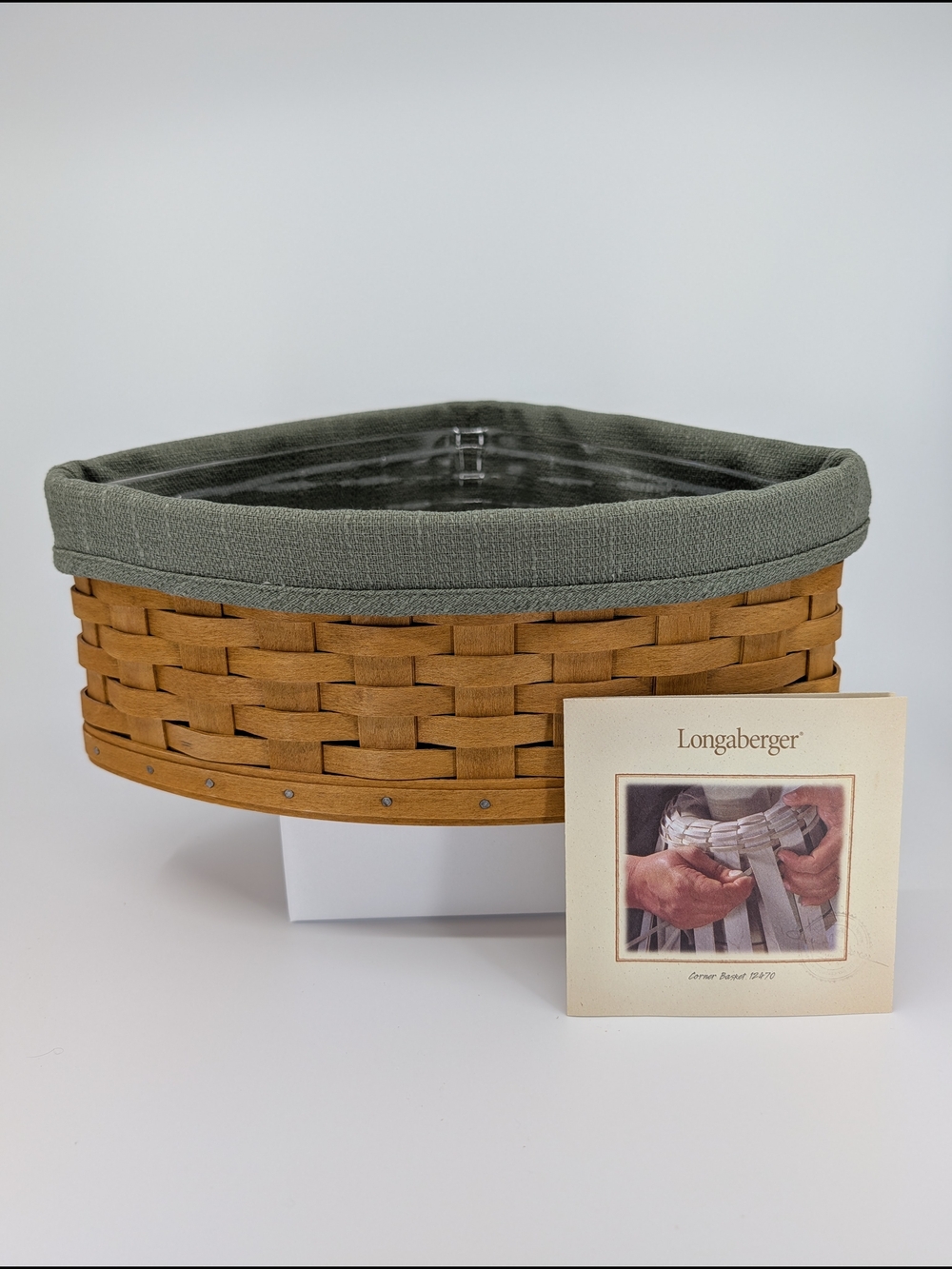 Longaberger Corner Basket with Sage Green Liner & Protector 12470